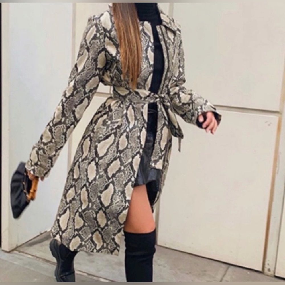 NWT Choosy Cream & Black Vegan Snakeskin Zip Designer High Fashion Trench Coat S
